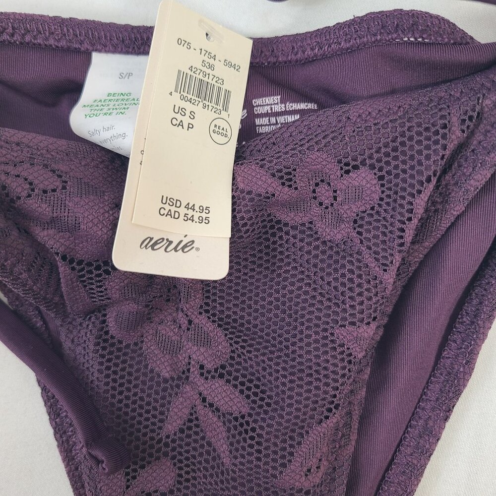 NWT Aerie Cheekiest Floral Mesh Bikini Bottom Purple Sz S - Picture 2 of 5